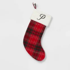 20" Plaid Monogram Christmas Holiday Stocking With Faux Fur Cuff Red/Green/White - Wondershop™ -Wondershop Shop GUEST 2957194b 20be 44a5 b070 e1cd23dc1d65