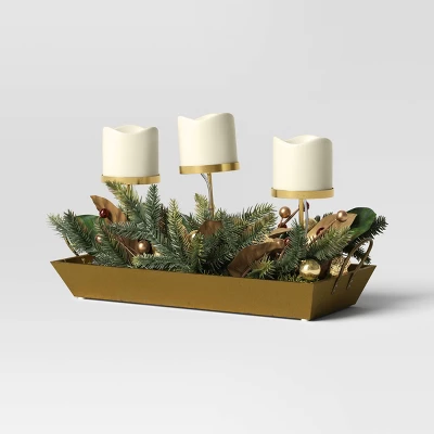 Battery Operated Flameless Pillar Candle And Candle Holder In Gold Tray With Faux Christmas Greenery - Wondershop™ 3 Battery Operated Flameless Pillar Candle And Candle Holder In Gold Tray With Faux Christmas Greenery - Wondershop™ - Image 3