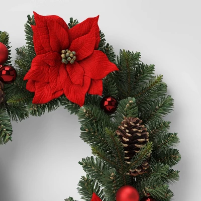28" Pine And Poinsettia Flower With Ornaments Artificial Christmas Wreath Red - Wondershop™ 2 28" Pine And Poinsettia Flower With Ornaments Artificial Christmas Wreath Red - Wondershop™ - Image 2