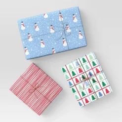 30" 3pk 180 Sq Ft Christmas Wrap Pack Snowmen/Red Stripes/Trees - Wondershop™
