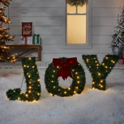 19" Greenery 'Joy' LED Christmas Novelty Sculpture Light With Red Bow - Wondershop™