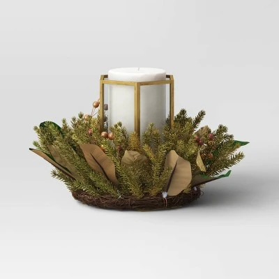 9" Hexagonal Pillar Glass Christmas Candle Holder With Mixed Faux Greenery - Wondershop™ 2 9" Hexagonal Pillar Glass Christmas Candle Holder With Mixed Faux Greenery - Wondershop™ - Image 2