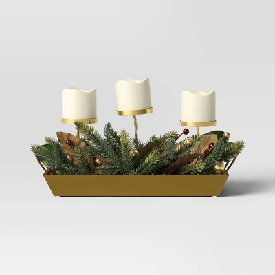 Battery Operated Flameless Pillar Candle And Candle Holder In Gold Tray With Faux Christmas Greenery - Wondershop™ 2 Battery Operated Flameless Pillar Candle And Candle Holder In Gold Tray With Faux Christmas Greenery - Wondershop™ - Image 2