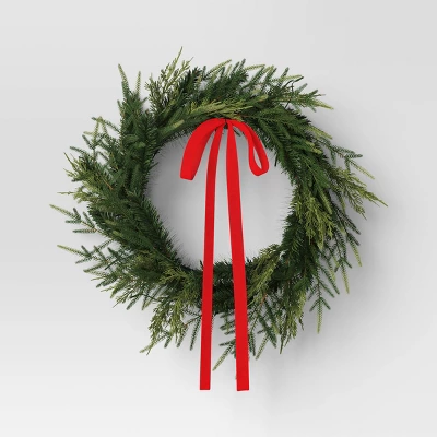 28" Christmas Led Mixed Norfolk And Cedar Wreath With Red Velvet Bow - Wondershop™ 2 28" Christmas Led Mixed Norfolk And Cedar Wreath With Red Velvet Bow - Wondershop™ - Image 2