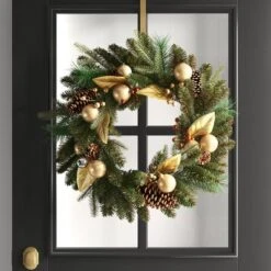 28" Mixed Greenery With Berries And Ornaments Artificial Christmas Wreath Green/Gold - Wondershop™