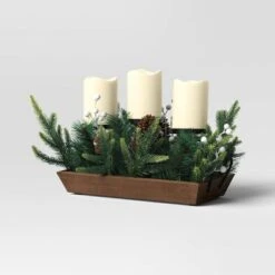 Battery Operated Flameless Pillar Candle And Black Candle Holder In Wood Tray With Faux Christmas Greenery - Wondershop™ -Wondershop Shop GUEST d0b42b71 c387 4991 b229 9f700eeb7eb1