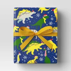 30” 125 Sq Ft Christmas Roll Wrap Dinosaurs On Blue - Wondershop™
